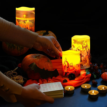 LZINA™ | Flameless LED Christmas Candles – 3pcs Battery-Powered Holy Night Lights Candle with Timer Featuring Nativity Scene for Warm Holiday Home Ambience