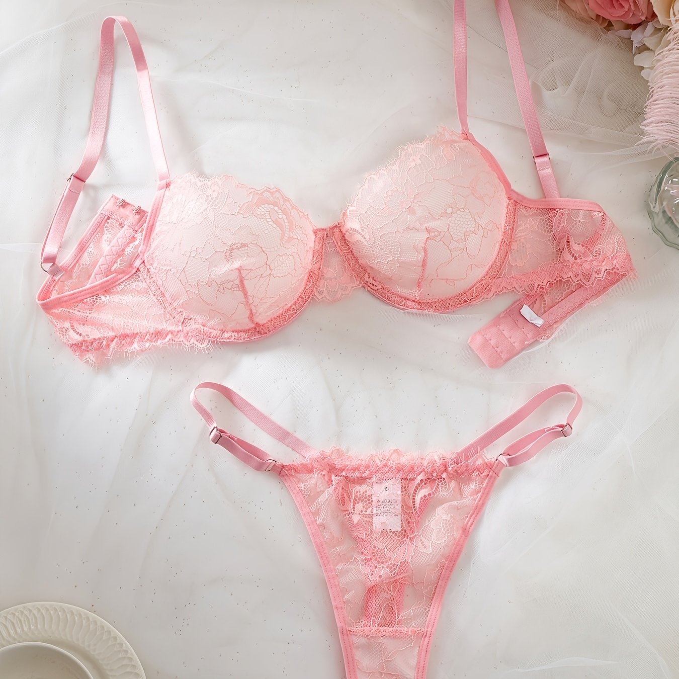 Lingerie Sets, Lace Lingerie & Sexy Underwear – 2-Piece Eyelash Lace Strappy Bra and Thong Set, Semi-Sheer, Unpadded, Medium Support