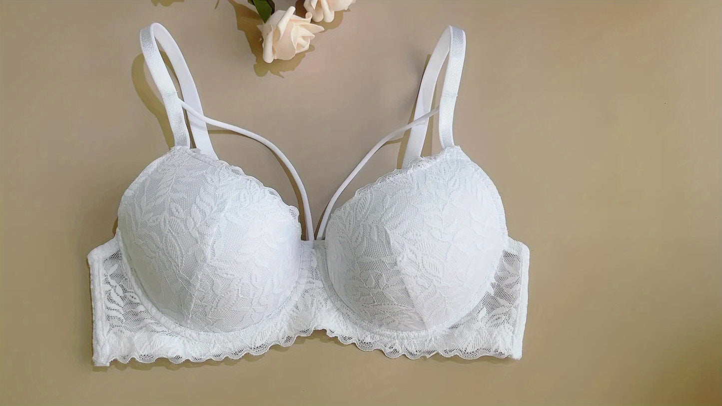 Lace Bra, Underwire Bra & Padded Bra – Floral Lace Everyday Design with Non-Removable Padding, Adjustable Straps, Scalloped Trim & Polyamide Knit