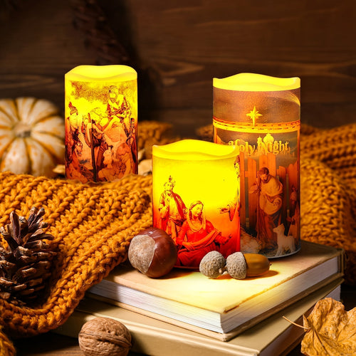 LZINA™ | Flameless LED Christmas Candles – 3pcs Battery-Powered Holy Night Lights Candle with Timer Featuring Nativity Scene for Warm Holiday Home Ambience