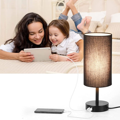 BowLift USB Touch Table Lamp – 3-Stage Dimmable Wood Bedside Lamp with Round Linen Shade, USB Port, Ideal for Bedroom, Living Room, Dorm & Home Office