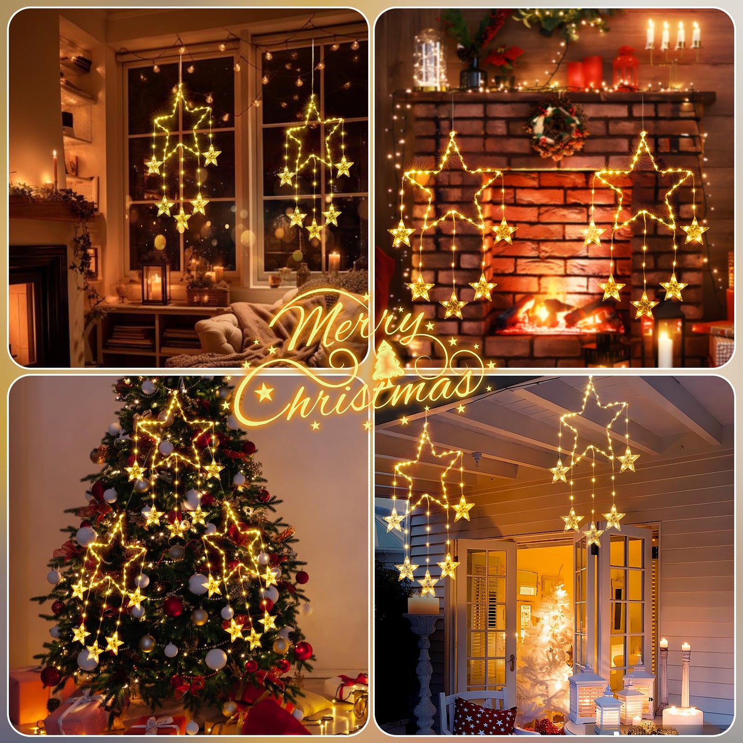 LZINA™ | Quntis 2Pcs 95cm Large Christmas Window Lights, 84LED 12 Stars Battery Operated Christmas Silhouette Sparkle Star Lights with Timer Memory, 8 Modes Xmas Indoor Outdoor Hanging Decoration, Warm White