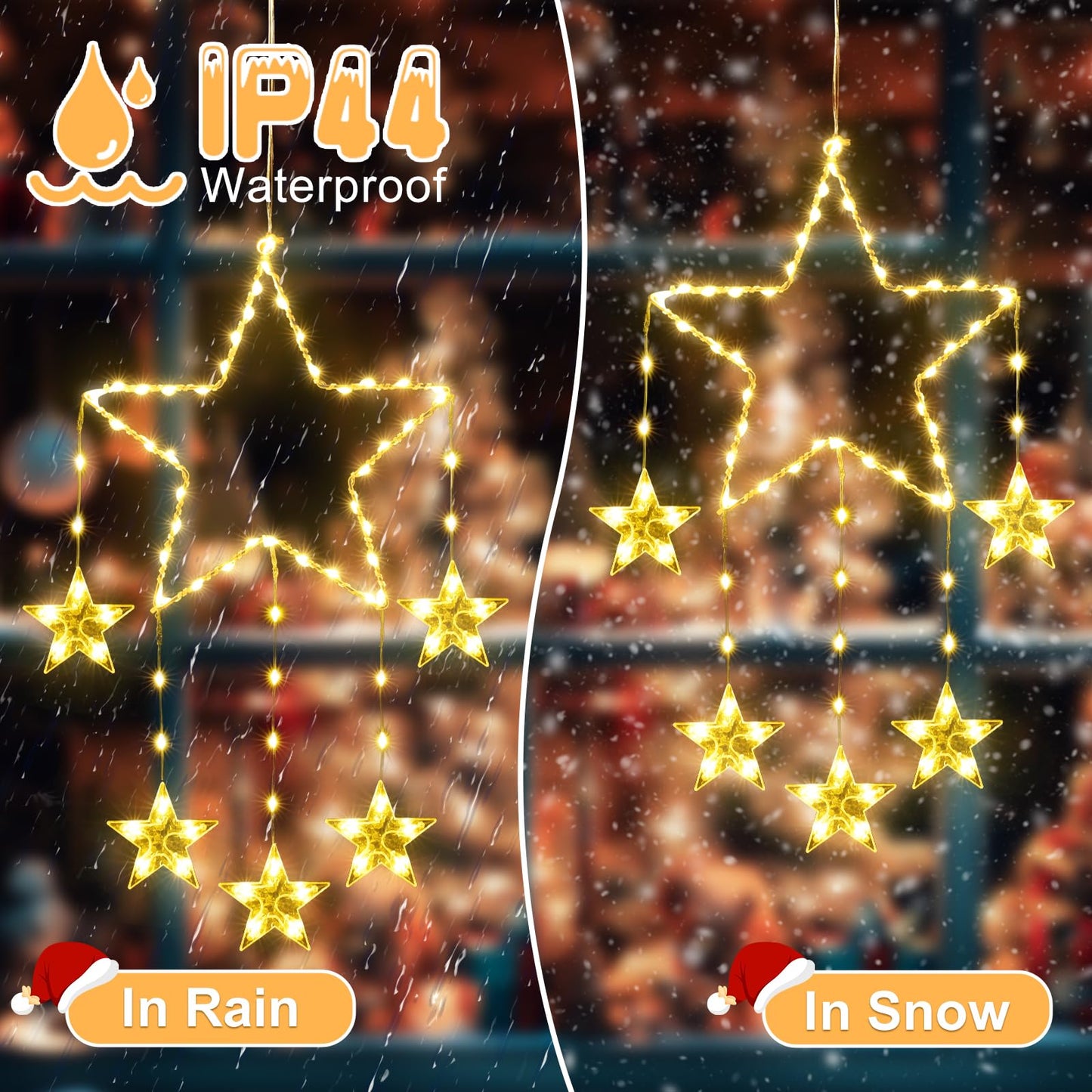 LZINA™ | Quntis 2Pcs 95cm Large Christmas Window Lights, 84LED 12 Stars Battery Operated Christmas Silhouette Sparkle Star Lights with Timer Memory, 8 Modes Xmas Indoor Outdoor Hanging Decoration, Warm White