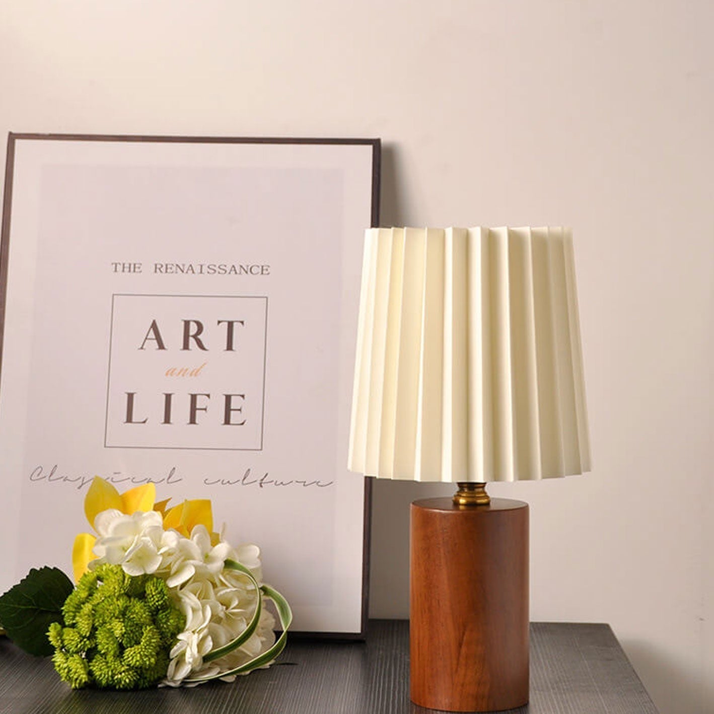 BowLift Vintage Korean Pleated Column Table Lamp – Solid Wood Base, 1-Light