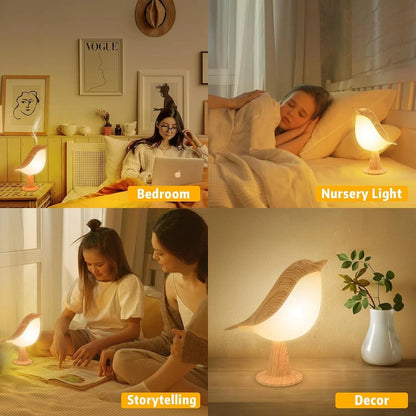 BowLift Touch-Control Wooden Bird Night Light with Rechargeable LED Bedside Lamp