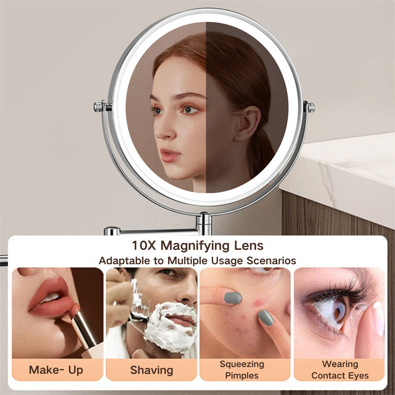 BowLift | Rechargeable Wall Mounted Shaving Mirror | 360° Rotation. 1X/10X Magnification & Adjustable LED Lighting for Bathroom Use