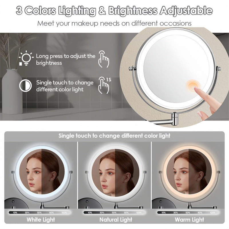 BowLift | Rechargeable wall-mounted shaving mirror | 360° rotation. 1X/10X magnification and adjustable LED lighting for use in the bathroom