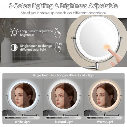 BowLift | Rechargeable wall-mounted shaving mirror | 360° rotation. 1X/10X magnification and adjustable LED lighting for use in the bathroom