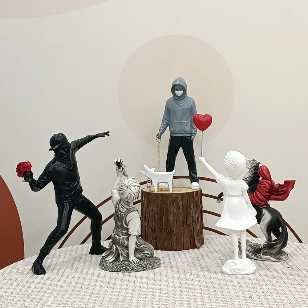 LZINA™ | Dropshipping Banksy Sculpture Collection Flower Thrower Statue Pop Art Modern Balloon Girl Figurine Office Home Decoration