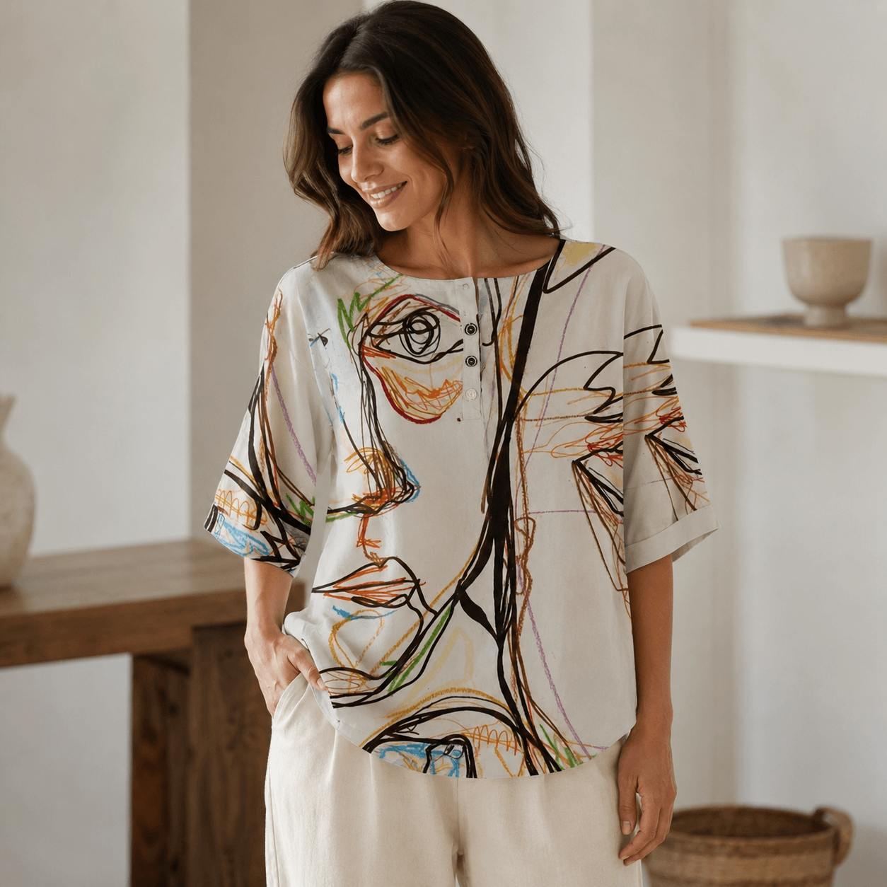 A woman wearing a loose-fitting short-sleeve blouse with an abstract face illustration print in black, orange, and blue on an off-white background, paired with cream-colored pants, in a softly lit indoor setting.