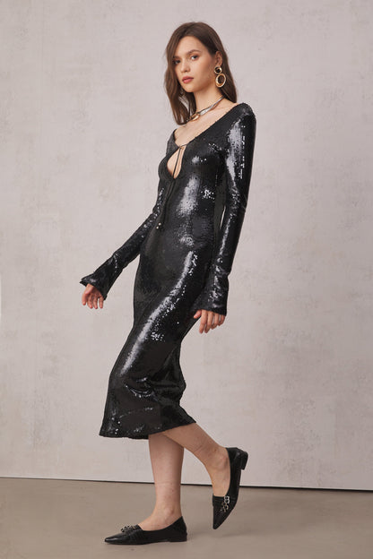 Women's Black Long Sleeve Sequin Backless Midi Dress with Front Cut-Out