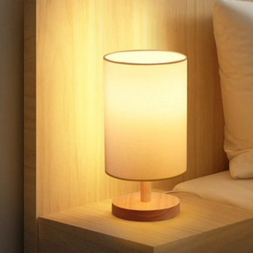 BowLift Traditional Japanese Cylinder Wood & Fabric 1-Light Table Lamp for Living Room – Elegant Ambient Lighting