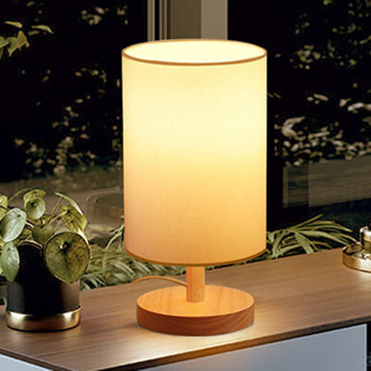 BowLift Traditional Japanese Cylinder Wood & Fabric 1-Light Table Lamp for Living Room – Elegant Ambient Lighting