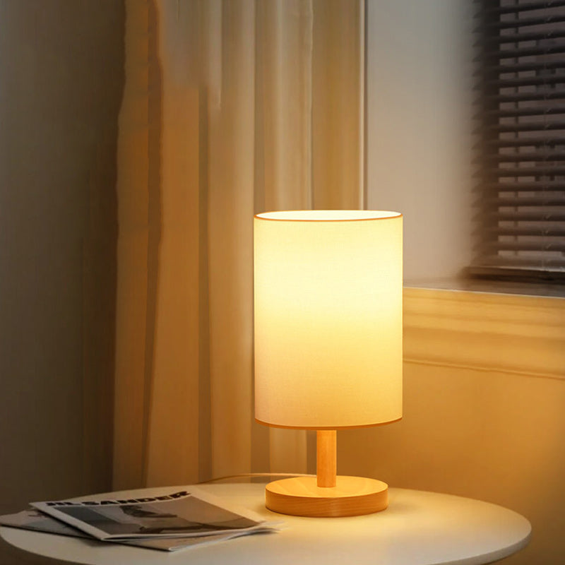 BowLift Traditional Japanese Cylinder Wood & Fabric 1-Light Table Lamp for Living Room – Elegant Ambient Lighting