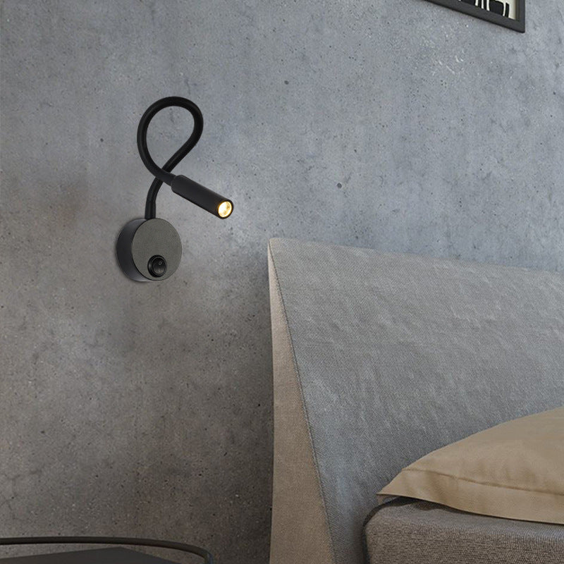 BowLift Modern Minimalist Iron Round LED Reading Wall Lamp with Flexible Bend Tube - Sleek Bedroom Sconce