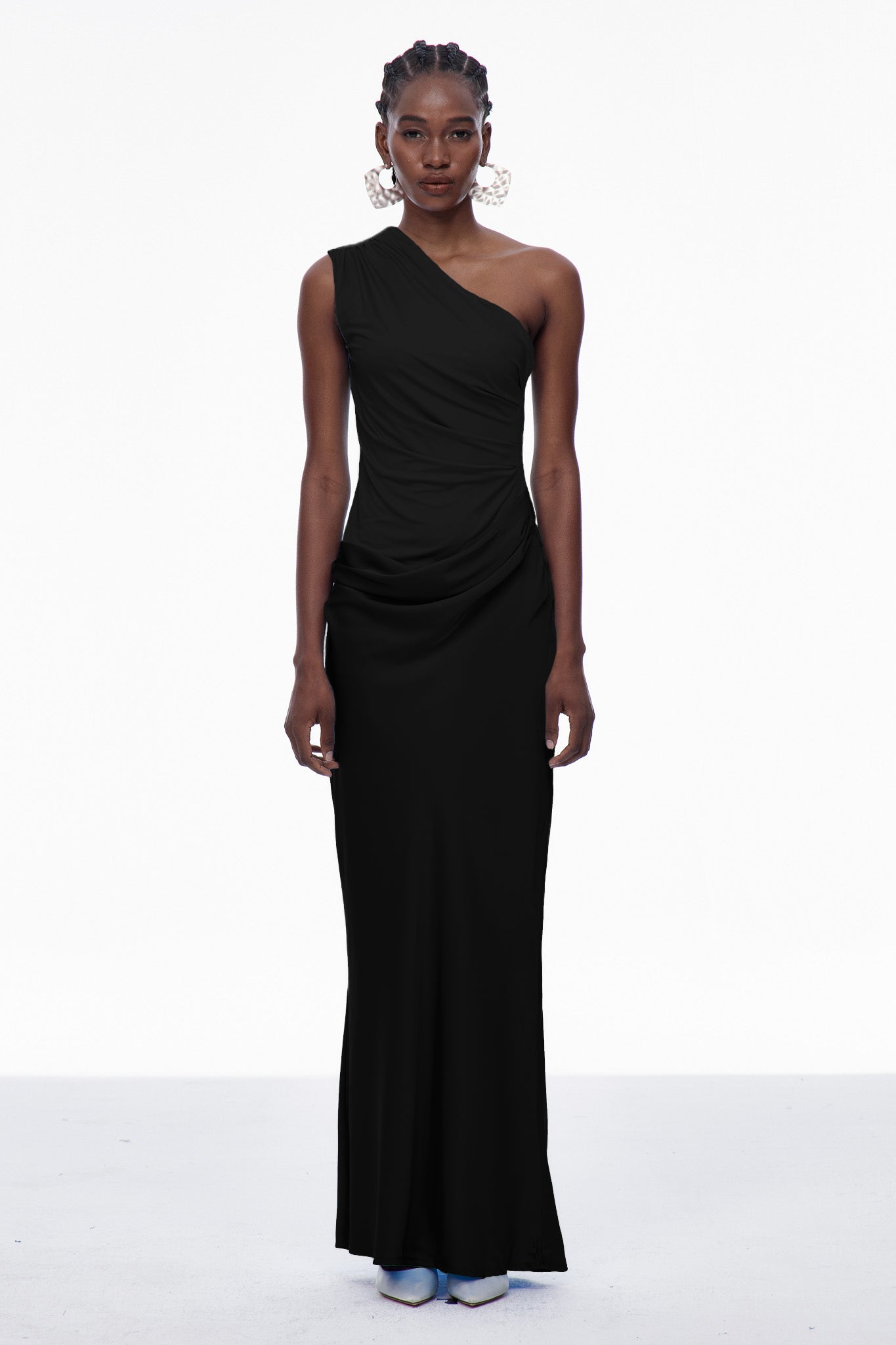 Women's Black One Shoulder Satin Maxi Dress with Draped Detail
