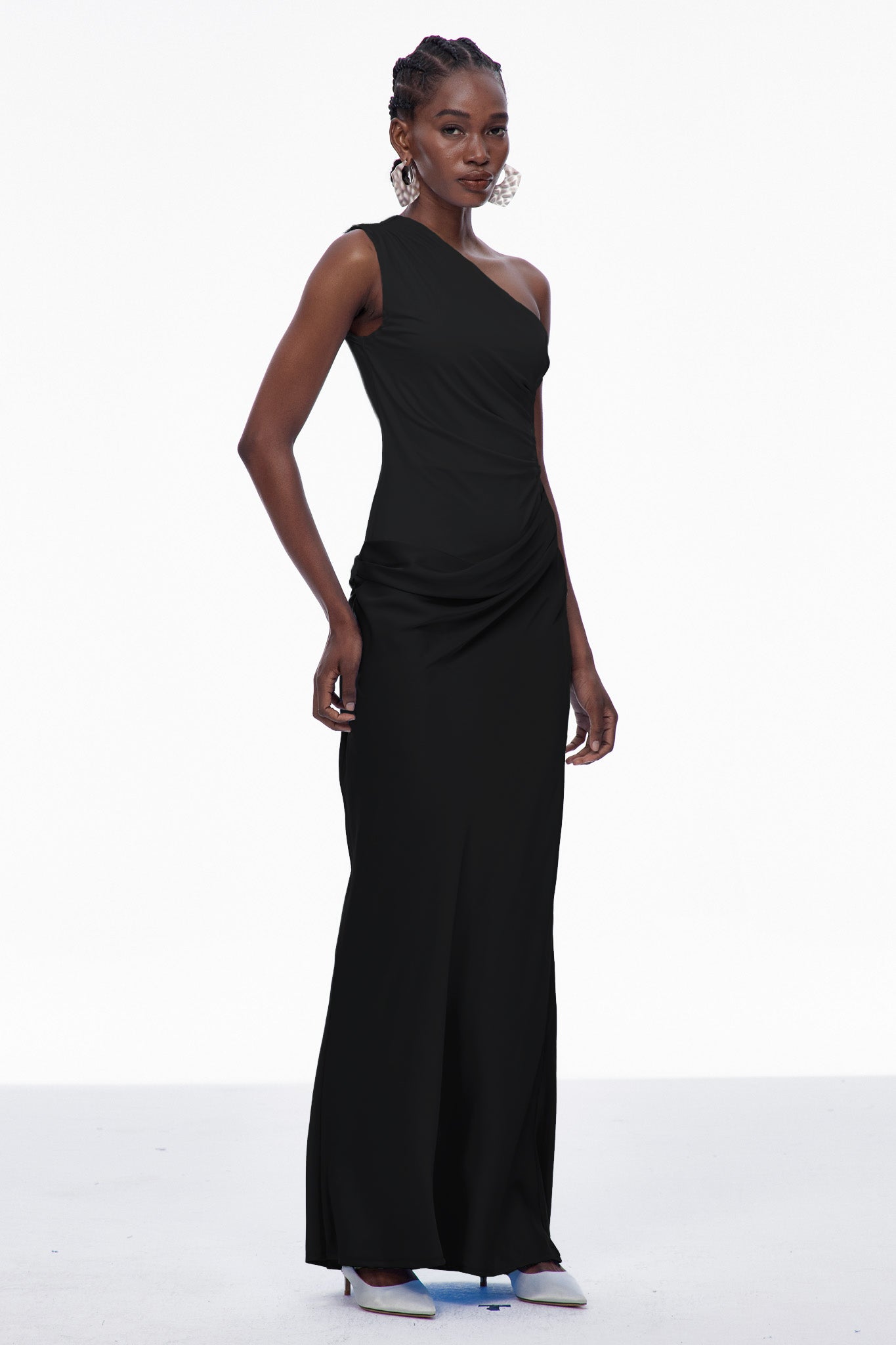 Women's Black One Shoulder Satin Maxi Dress with Draped Detail