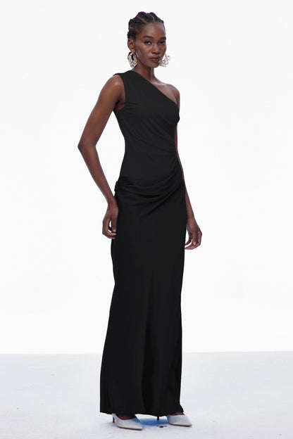 Women's Black One Shoulder Satin Maxi Dress with Draped Detail