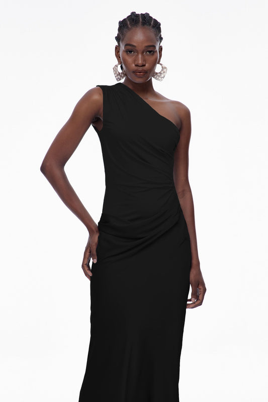 Women's Black One Shoulder Satin Maxi Dress with Draped Detail