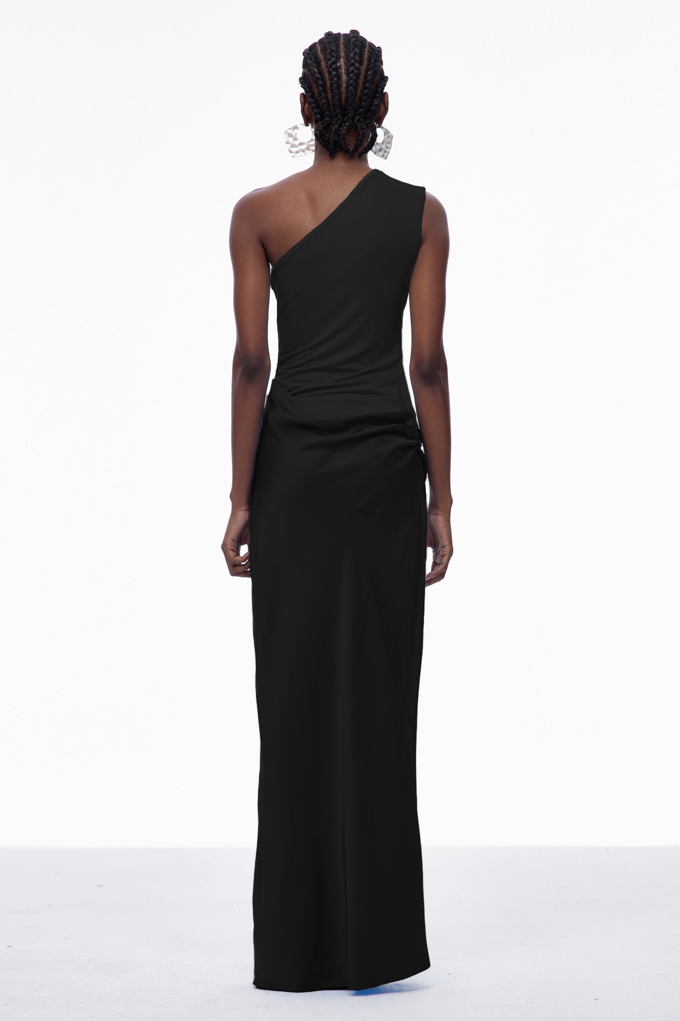 Women's Black One Shoulder Satin Maxi Dress with Draped Detail