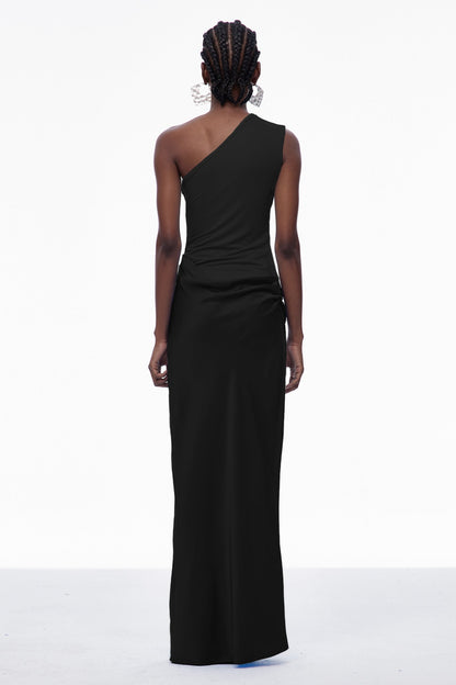 Women's Black One Shoulder Satin Maxi Dress with Draped Detail