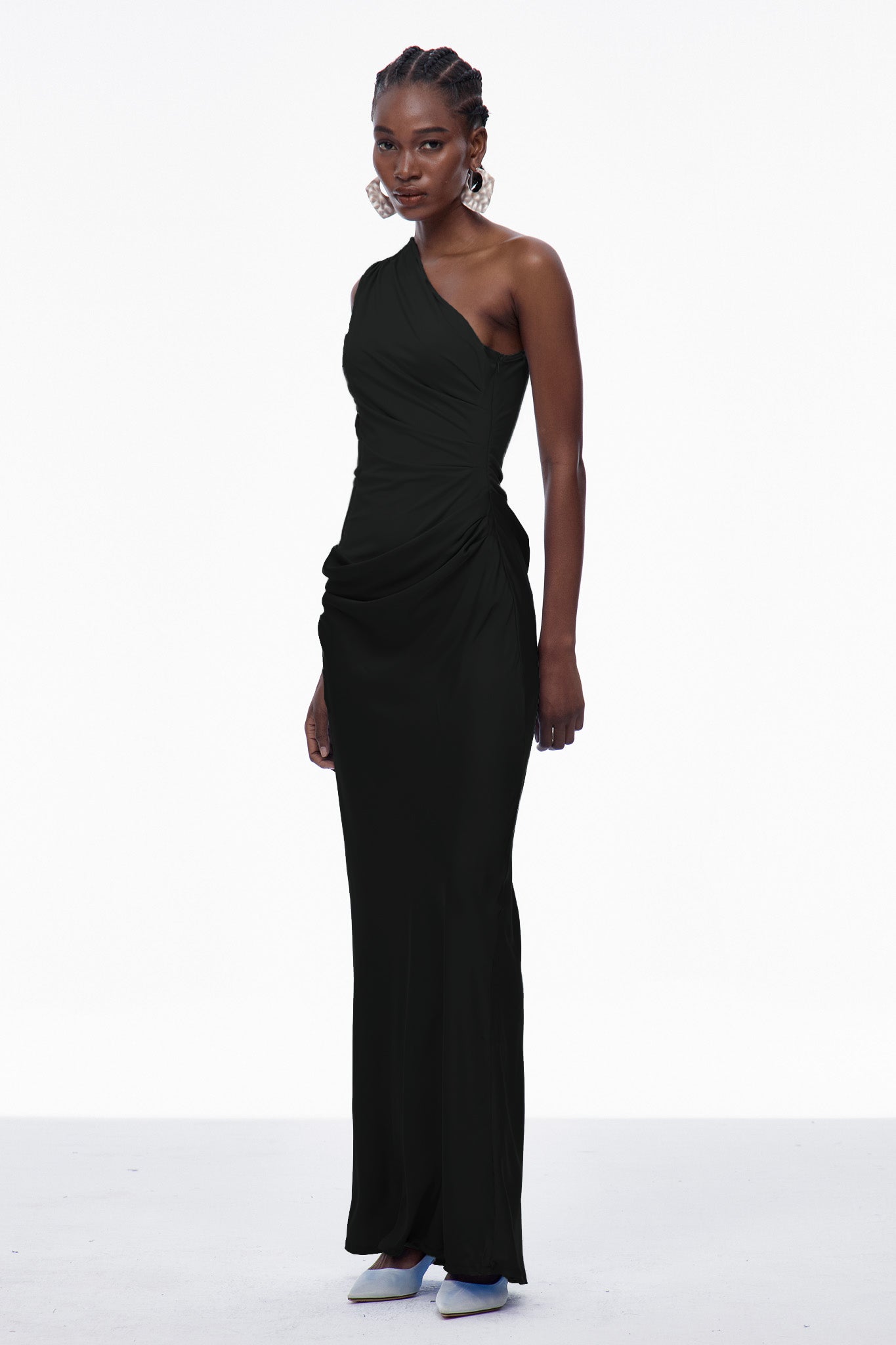 Women's Black One Shoulder Satin Maxi Dress with Draped Detail