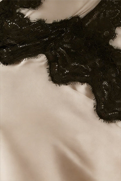 Women's Black and Beige Asymmetric Lace Satin Skirt Set
