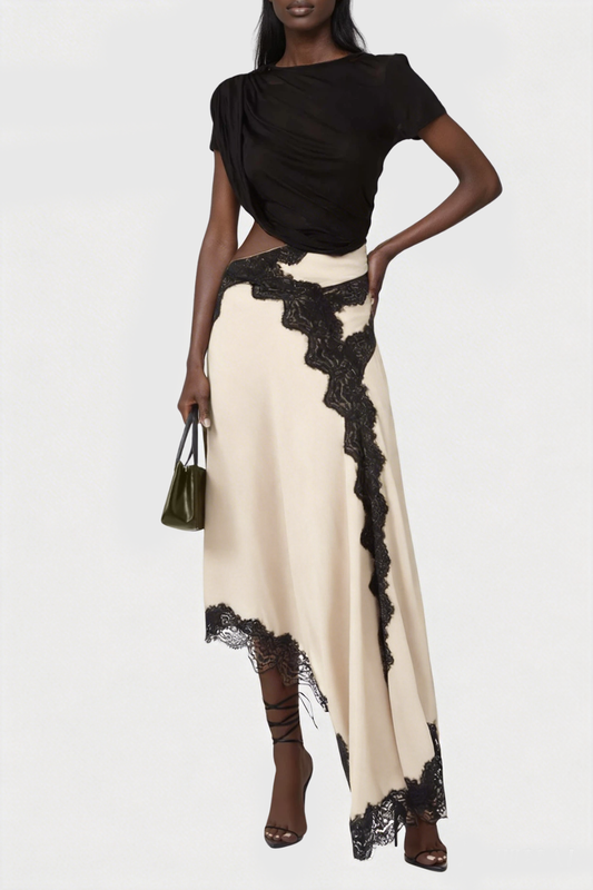 Women's Black and Beige Asymmetric Lace Satin Skirt Set