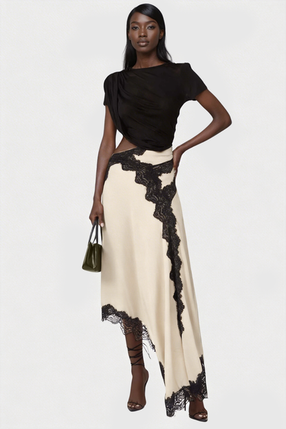 Women's Black and Beige Asymmetric Lace Satin Skirt Set
