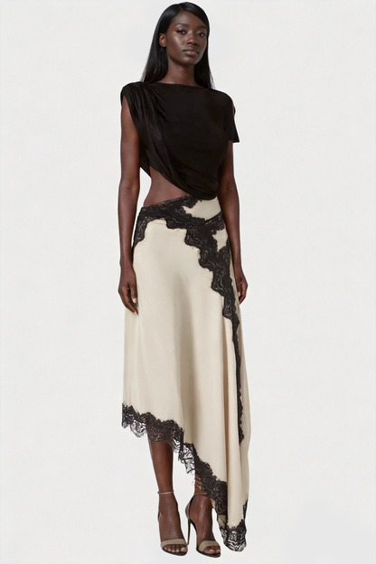 Women's Black and Beige Asymmetric Lace Satin Skirt Set