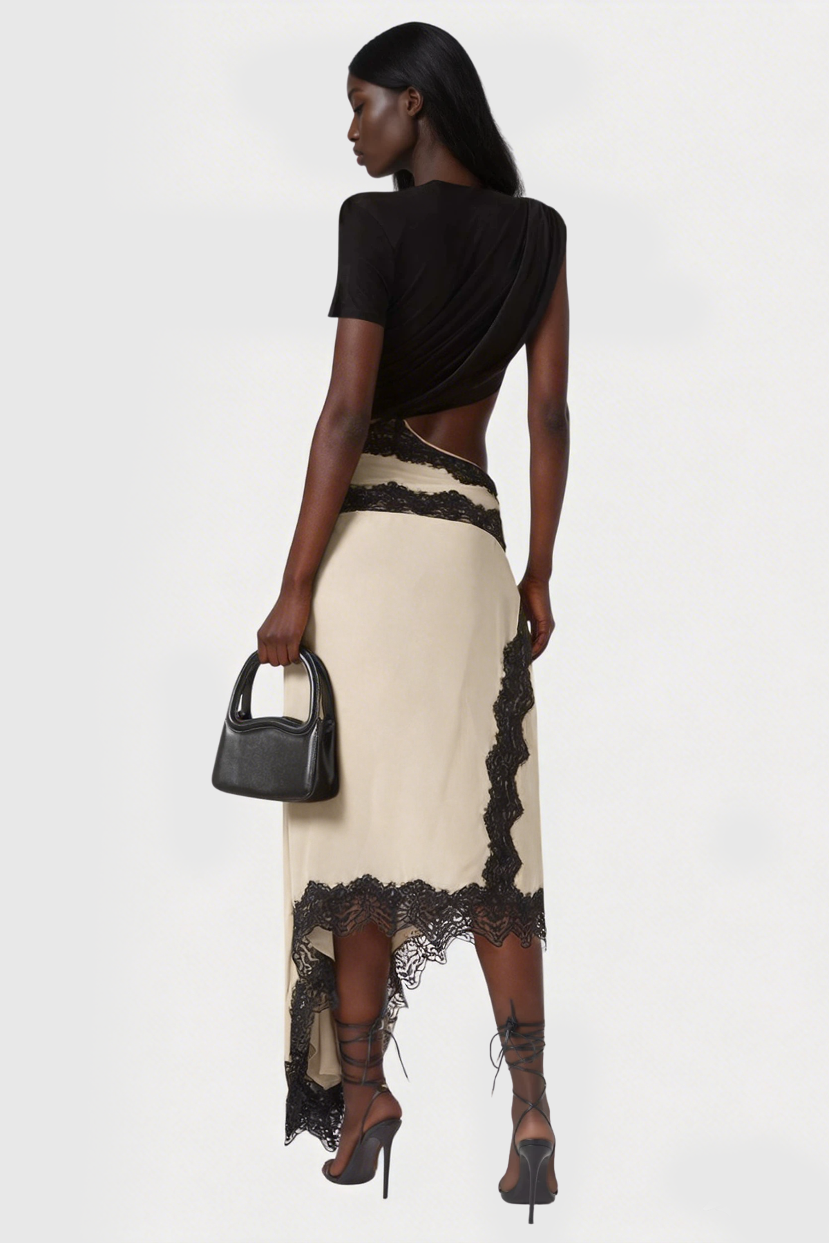 Women's Black and Beige Asymmetric Lace Satin Skirt Set