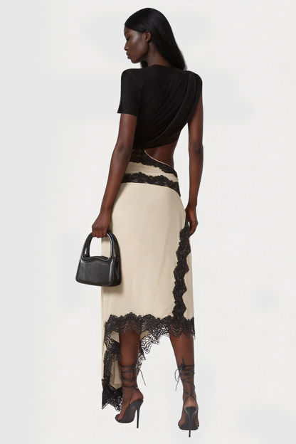 Women's Black and Beige Asymmetric Lace Satin Skirt Set