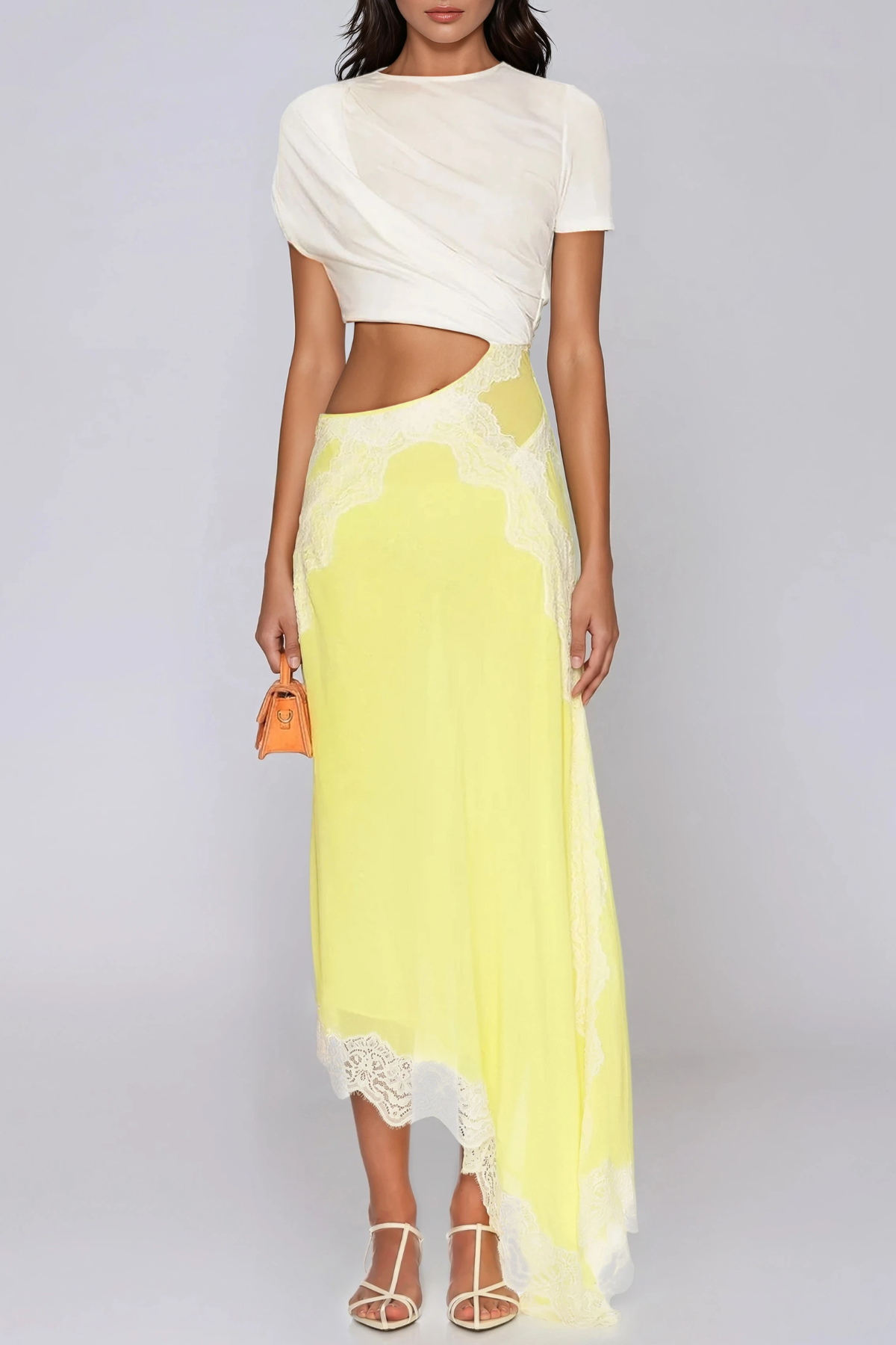 Women's White and Yellow Asymmetric Lace Satin Skirt Set