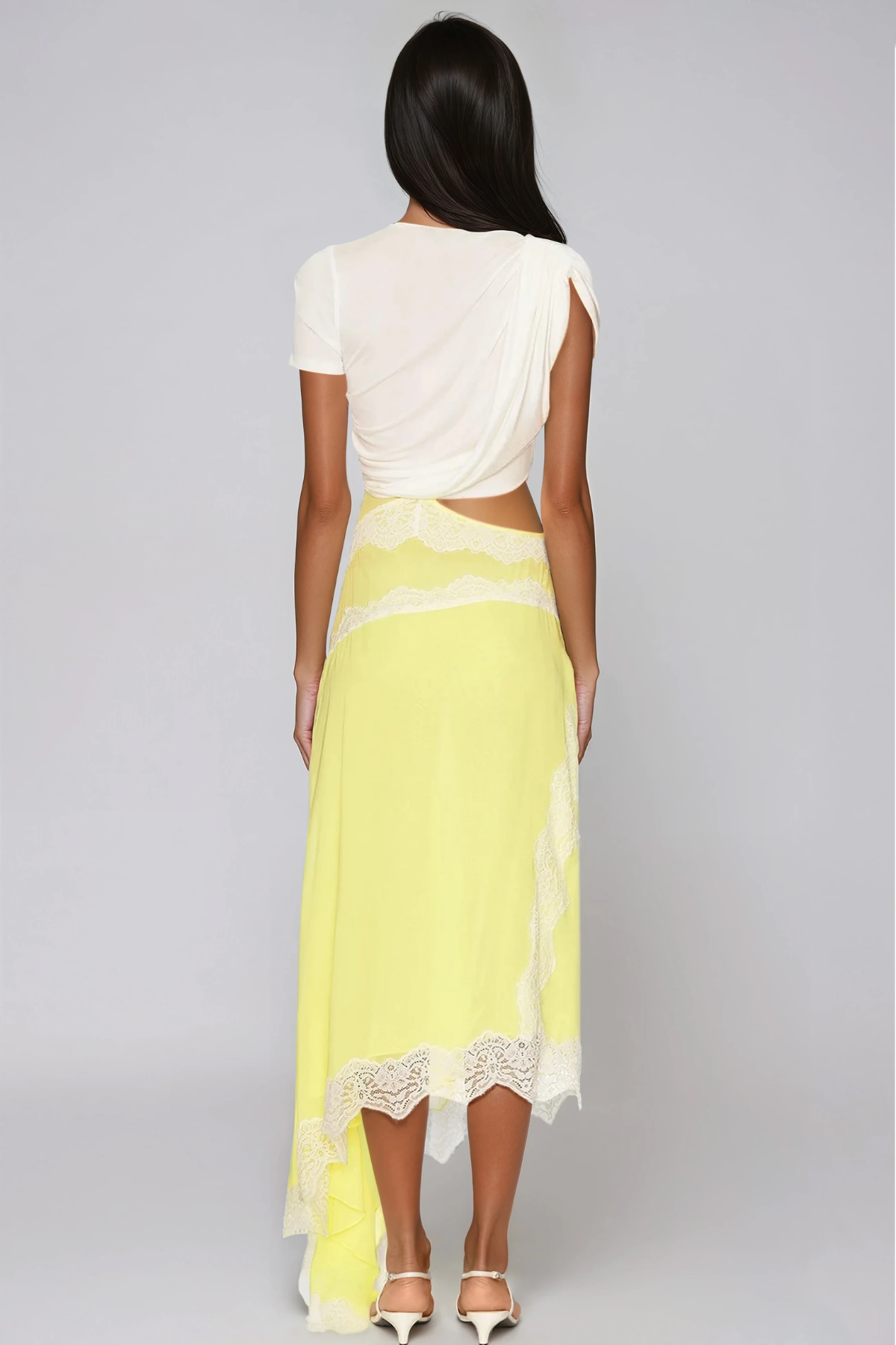 Women's White and Yellow Asymmetric Lace Satin Skirt Set