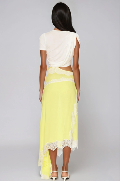 Women's White and Yellow Asymmetric Lace Satin Skirt Set