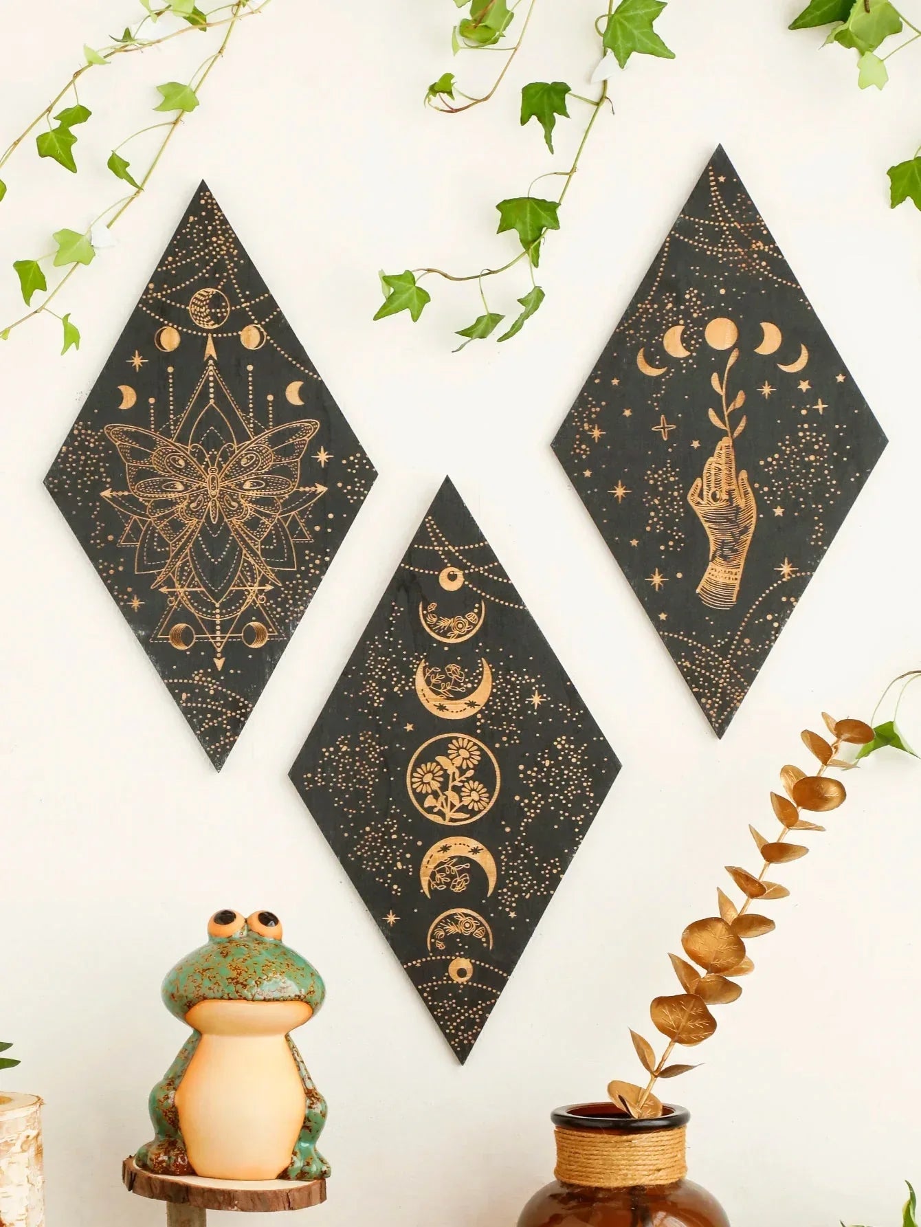 LZINA™ | Black Moon Phases Wooden Wall Decoration Rhombus Wall Art Boho Home Decor Witch Tapestry Decoration Room Decor Aesthetic Gift