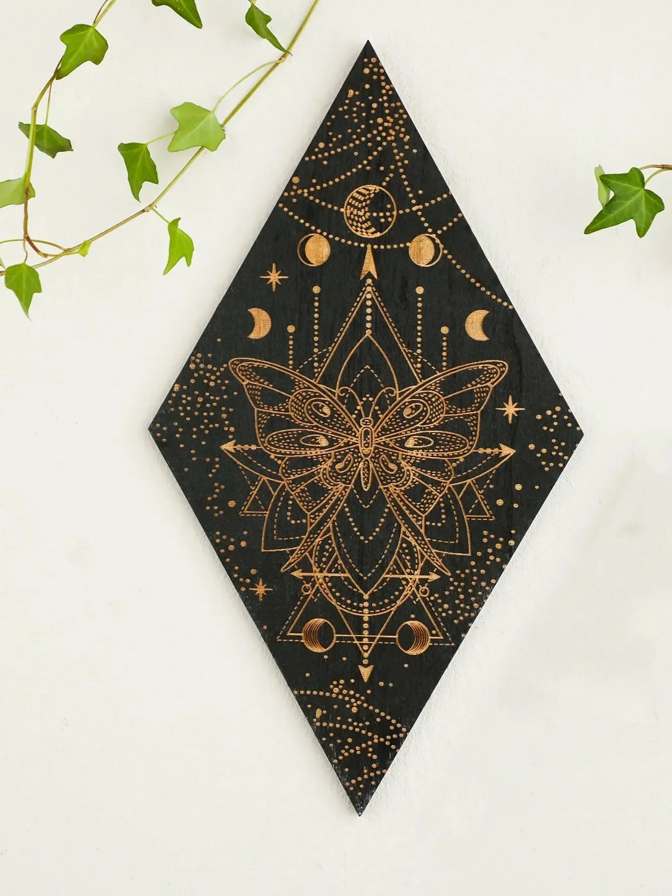 LZINA™ | Black Moon Phases Wooden Wall Decoration Rhombus Wall Art Boho Home Decor Witch Tapestry Decoration Room Decor Aesthetic Gift
