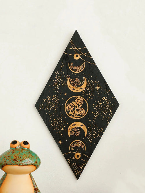 LZINA™ | Black Moon Phases Wooden Wall Decoration Rhombus Wall Art Boho Home Decor Witch Tapestry Decoration Room Decor Aesthetic Gift