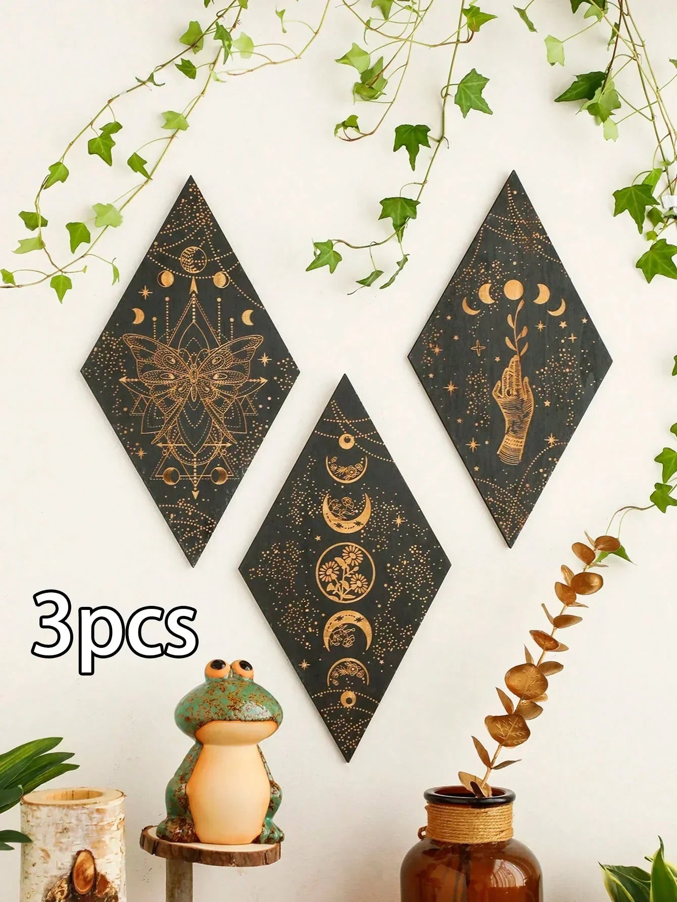 LZINA™ | Black Moon Phases Wooden Wall Decoration Rhombus Wall Art Boho Home Decor Witch Tapestry Decoration Room Decor Aesthetic Gift