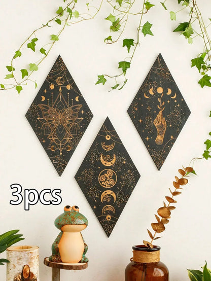 LZINA™ | Black Moon Phases Wooden Wall Decoration Rhombus Wall Art Boho Home Decor Witch Tapestry Decoration Room Decor Aesthetic Gift