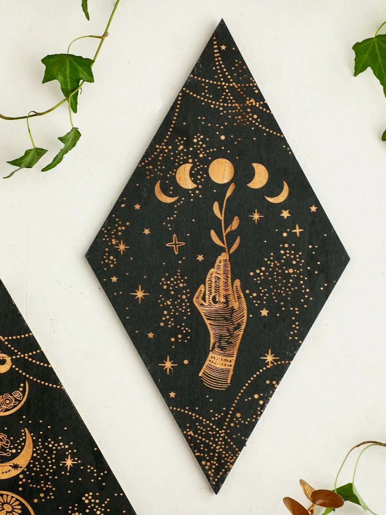 LZINA™ | Black Moon Phases Wooden Wall Decoration Rhombus Wall Art Boho Home Decor Witch Tapestry Decoration Room Decor Aesthetic Gift