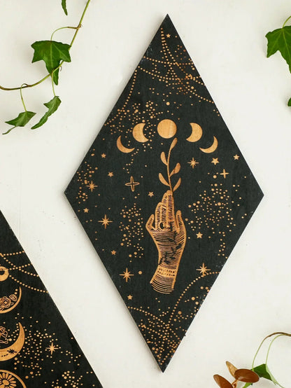 LZINA™ | Black Moon Phases Wooden Wall Decoration Rhombus Wall Art Boho Home Decor Witch Tapestry Decoration Room Decor Aesthetic Gift