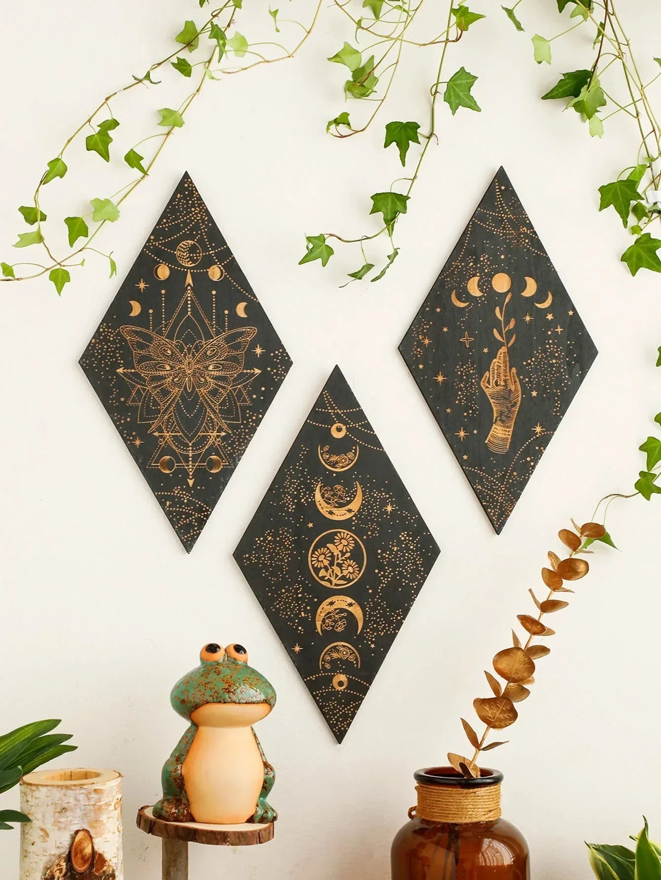 LZINA™ | Black Moon Phases Wooden Wall Decoration Rhombus Wall Art Boho Home Decor Witch Tapestry Decoration Room Decor Aesthetic Gift