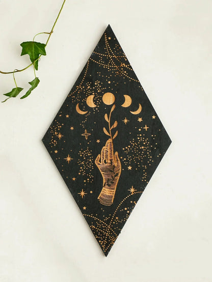 LZINA™ | Black Moon Phases Wooden Wall Decoration Rhombus Wall Art Boho Home Decor Witch Tapestry Decoration Room Decor Aesthetic Gift