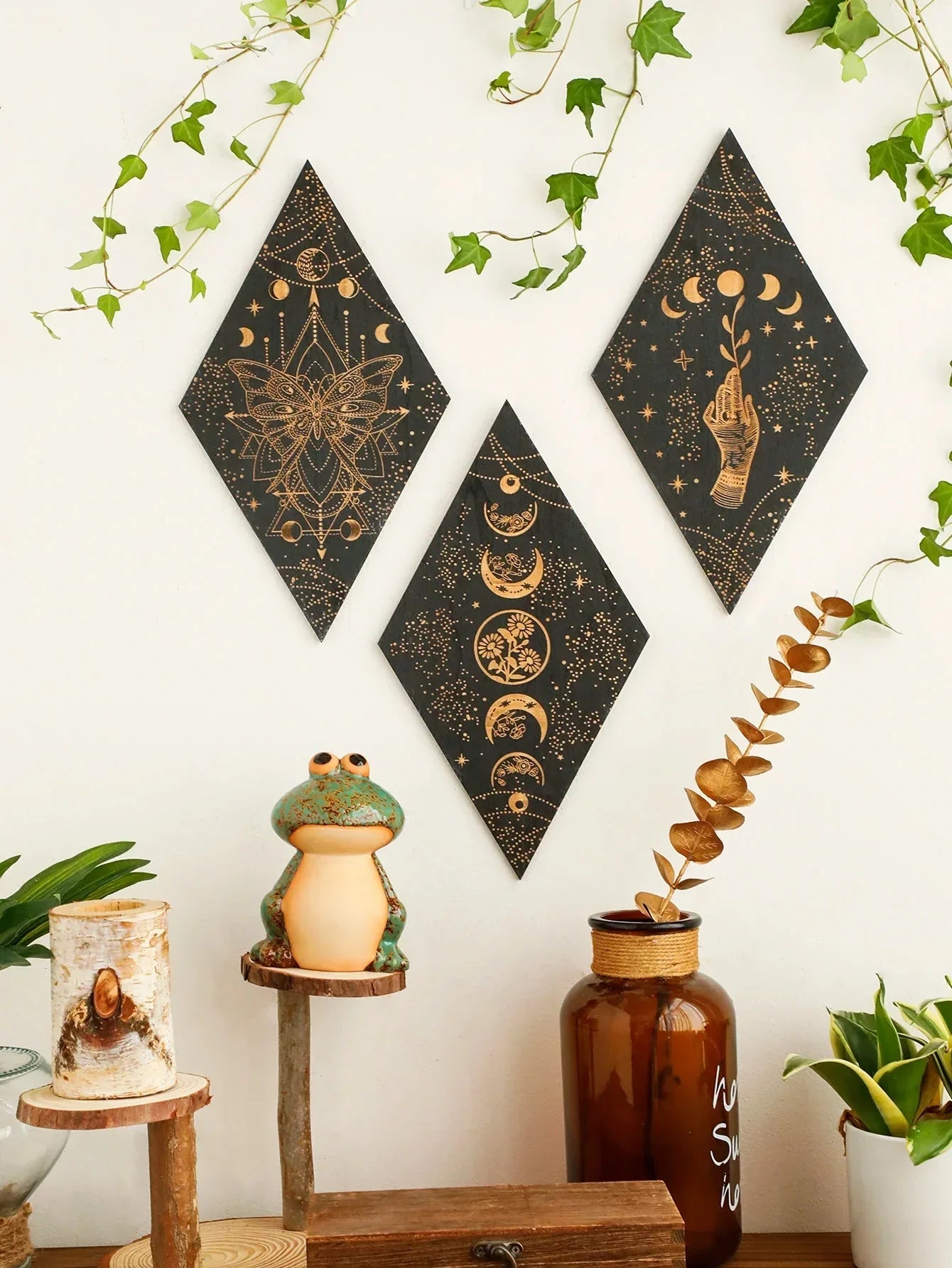 LZINA™ | Black Moon Phases Wooden Wall Decoration Rhombus Wall Art Boho Home Decor Witch Tapestry Decoration Room Decor Aesthetic Gift