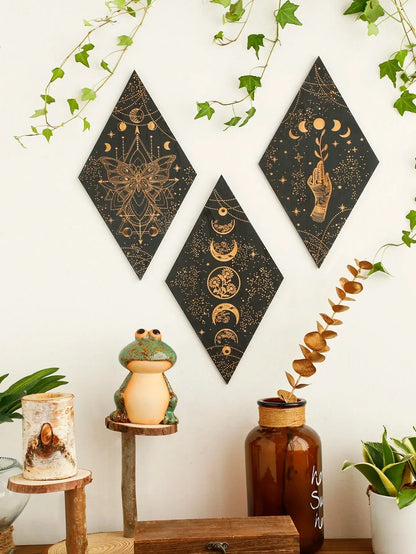 LZINA™ | Black Moon Phases Wooden Wall Decoration Rhombus Wall Art Boho Home Decor Witch Tapestry Decoration Room Decor Aesthetic Gift