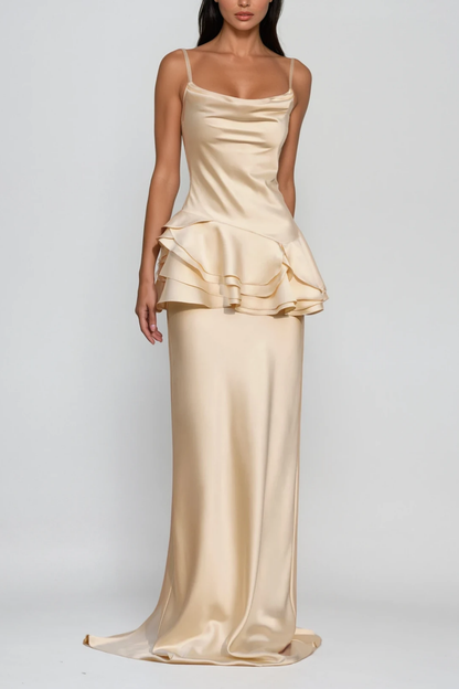 Women's Champagne Satin Cowl Neck Ruffle Maxi Dress with Mermaid Skirt