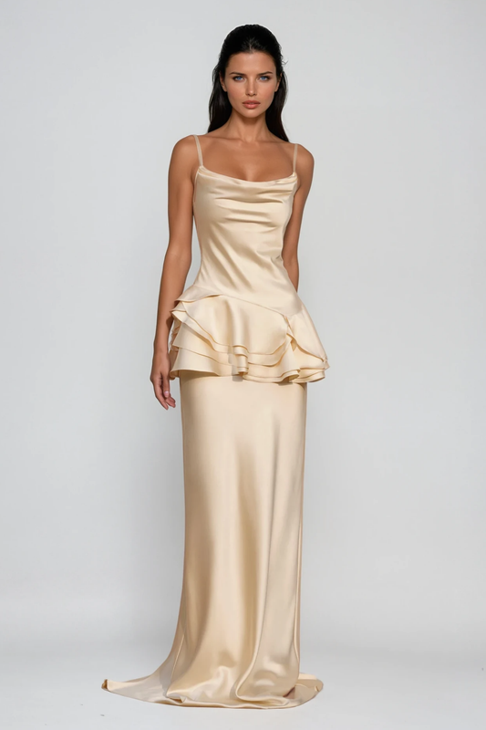 Women's Champagne Satin Cowl Neck Ruffle Maxi Dress with Mermaid Skirt
