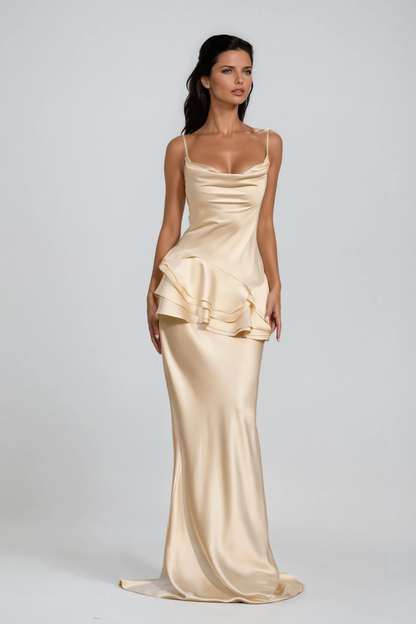Women's Champagne Satin Cowl Neck Ruffle Maxi Dress with Mermaid Skirt