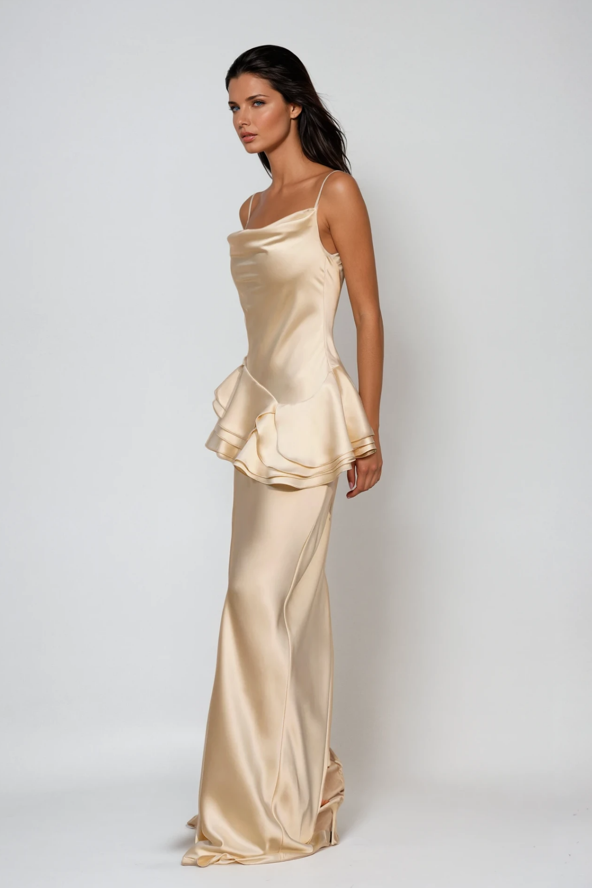 Women's Champagne Satin Cowl Neck Ruffle Maxi Dress with Mermaid Skirt